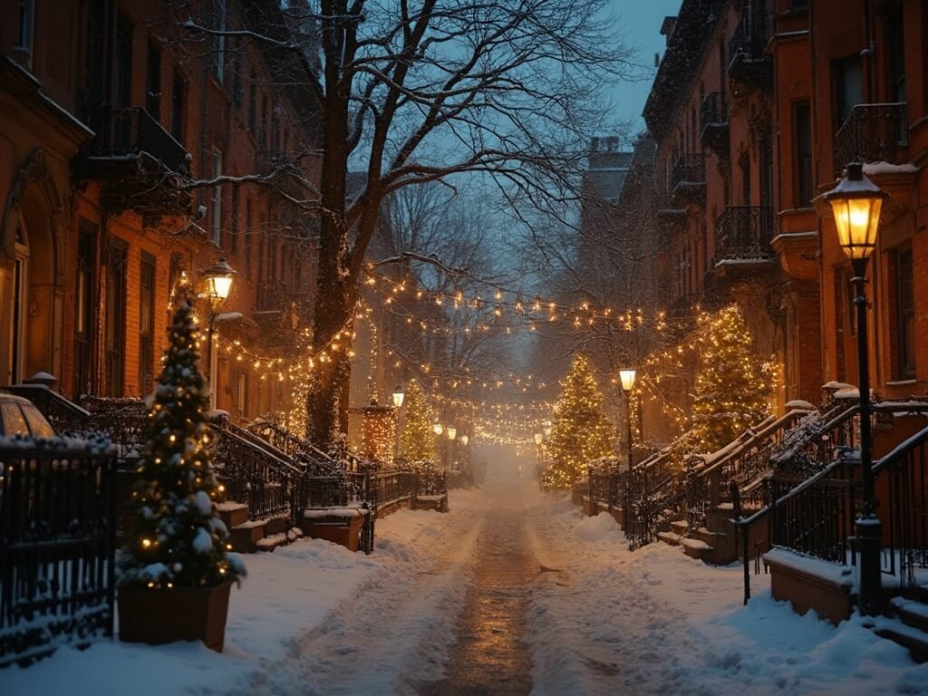 Vintage New York neighborhood street at night during Christmas with illuminated lights, brownstone buildings, and soft snowfall