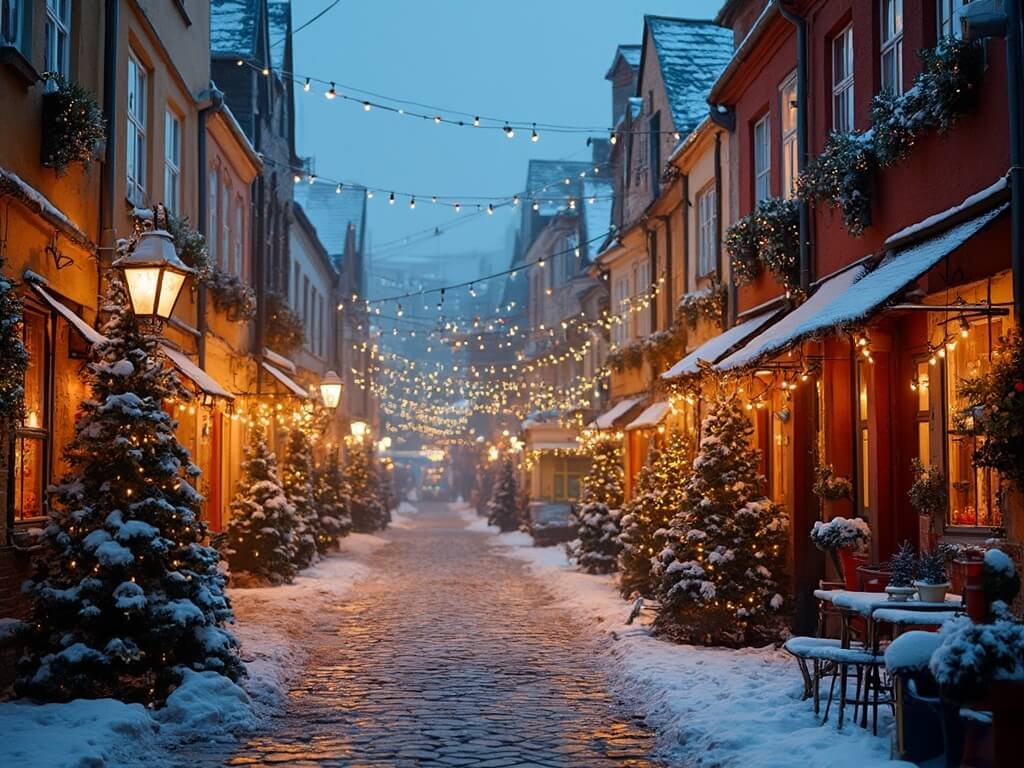 Nyhavn street at dusk during Christmas with warmly lit traditional Danish buildings covered in snow, festive decorations, and distant Christmas market lights in the background