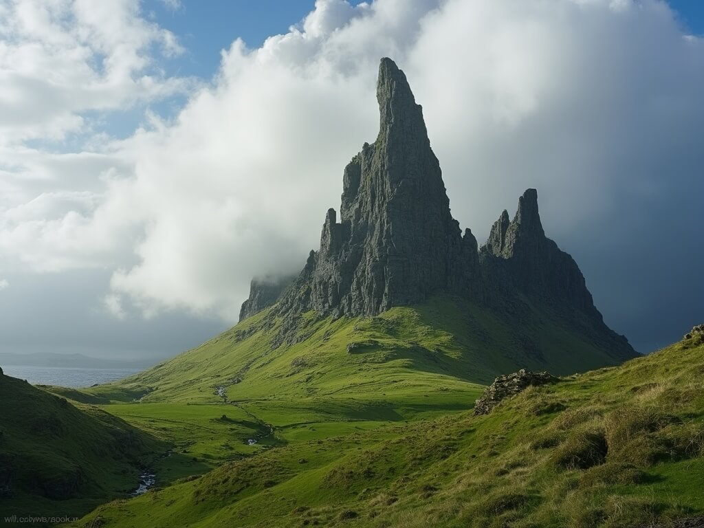 Old Man of Storr rock formation under a cloudy sky with green slopes in foreground