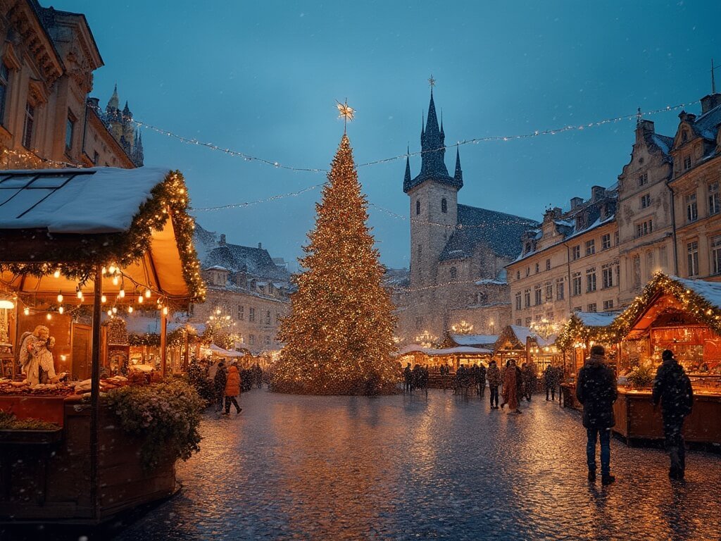 Christmas market in Old Town Square at twilight with a large decorated tree, baroque architecture, twinkling lights, and snowfall