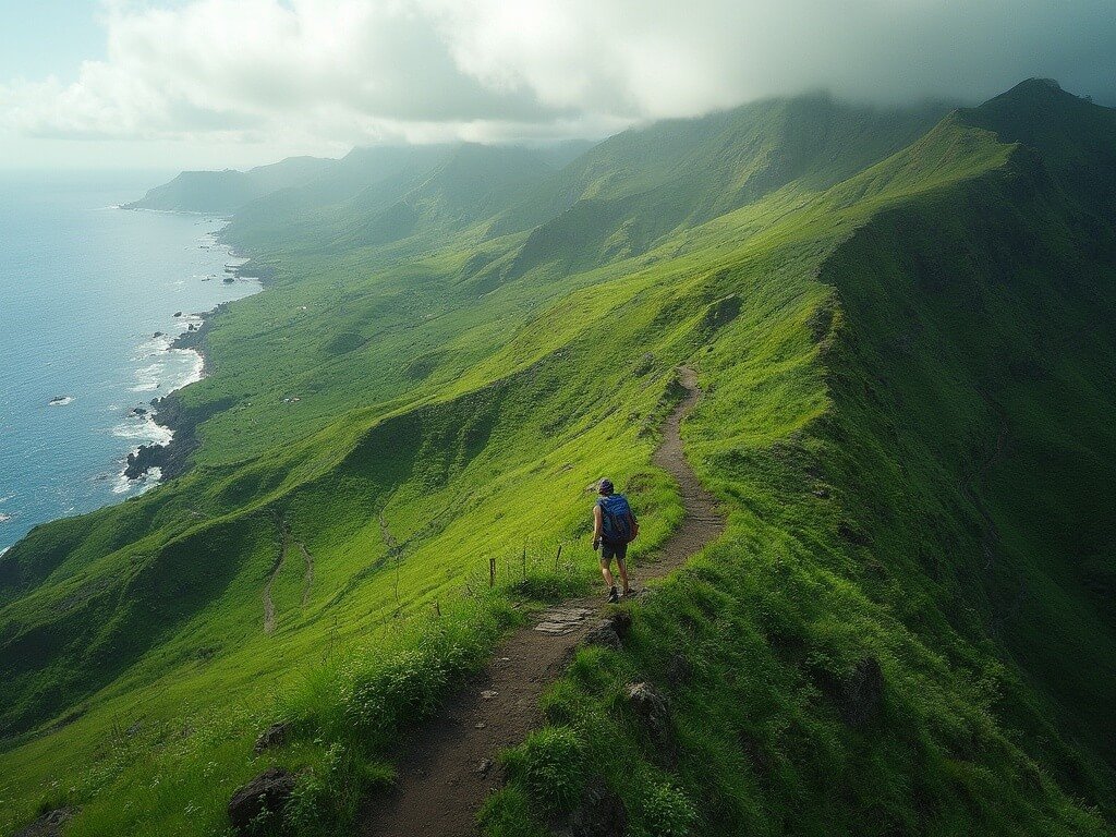 Aerial view of a lone hiker on the Olle Trail amidst green landscape, volcanic terrain and coastal cliffs
