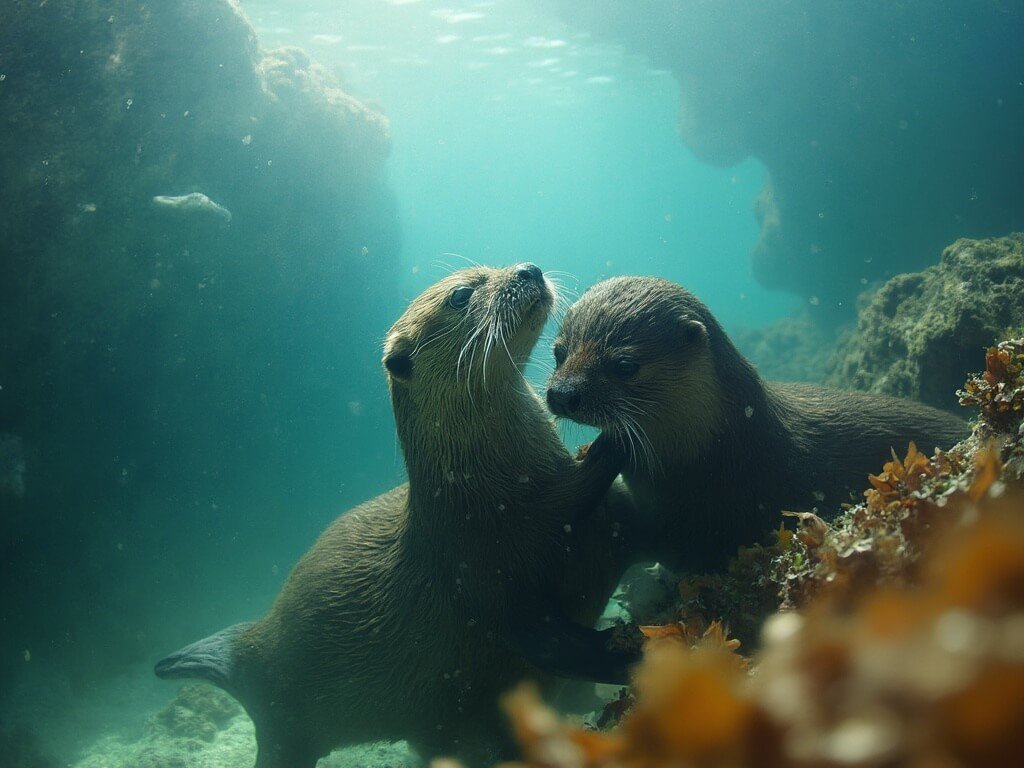 Otters frolicking underwater among kelp and rocks, under soft natural filtered sunlight