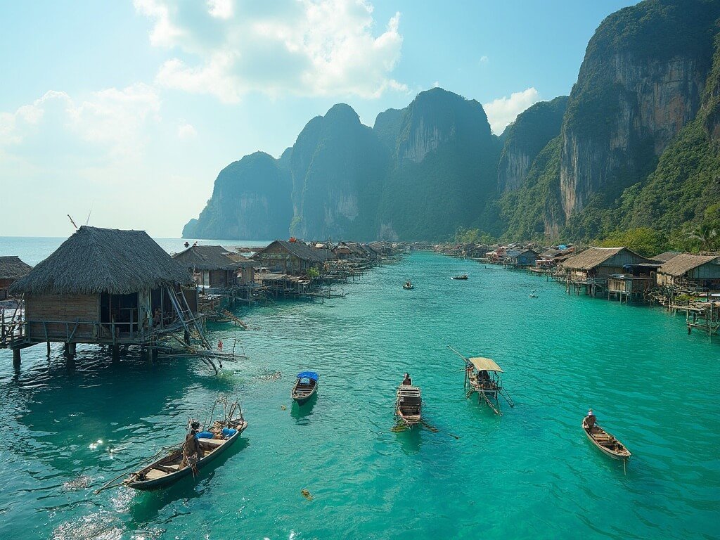 Fishermen preparing their boats at dawn in a traditional fishing village on Palawan's coastline with stilt houses over turquoise waters and limestone cliffs in the background