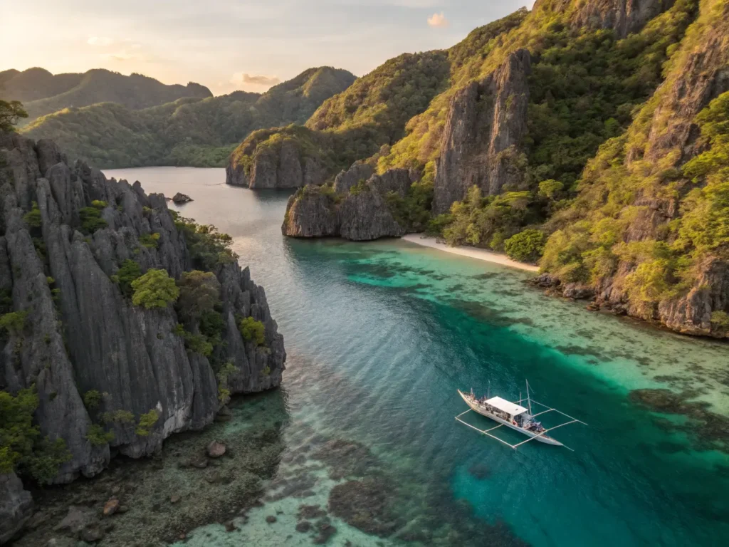 "Aerial view of Palawan's limestone cliffs and emerald lagoon with a Filipino outrigger boat floating in crystal-clear turquoise waters, Bacuit Bay, Philippines"