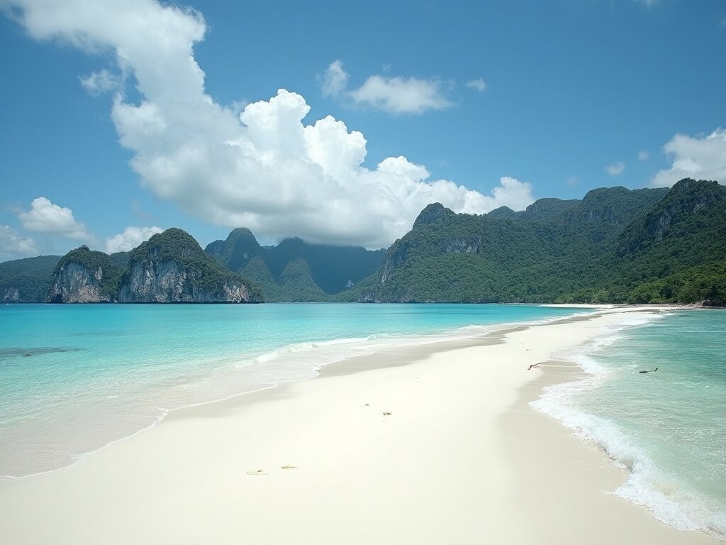 Untouched beauty of Palawan's pristine white beach, turquoise waters, limestone cliffs, and dense tropical forest meeting the shoreline