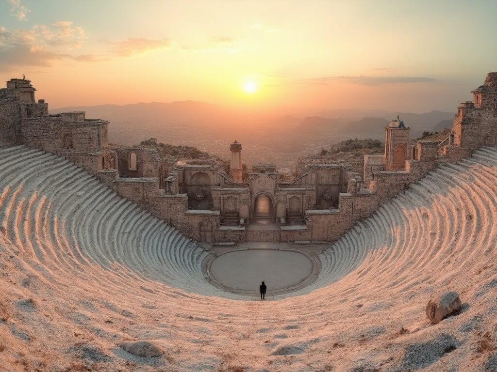 Sunset over ancient Roman amphitheater in Pamukkale with white mineral landscape and mountain ranges in the background
