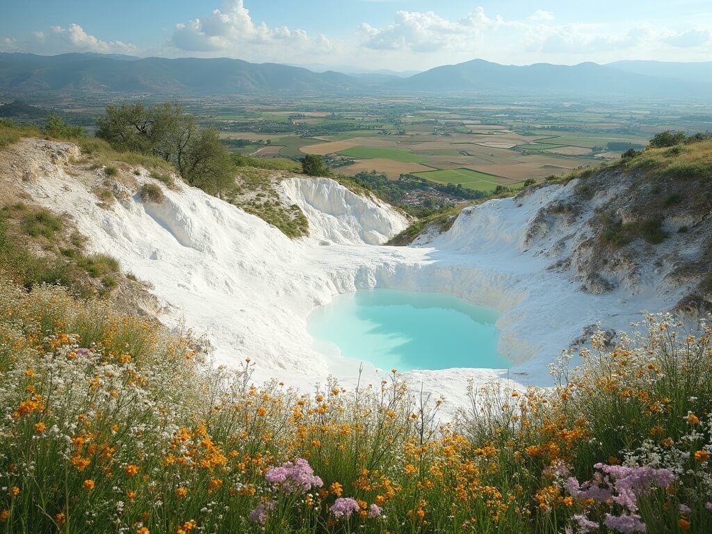 Panoramic view of Pamukkale's white mineral pools surrounded by spring wildflowers with Anatolian farming fields in the background