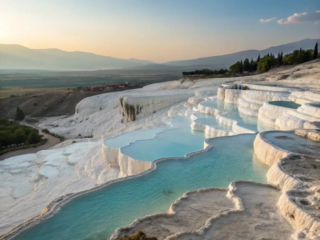 "Aerial view of Pamukkale's white terraces with turquoise thermal pools, against the golden Anatolian valley, with Hierapolis ruins in the background"