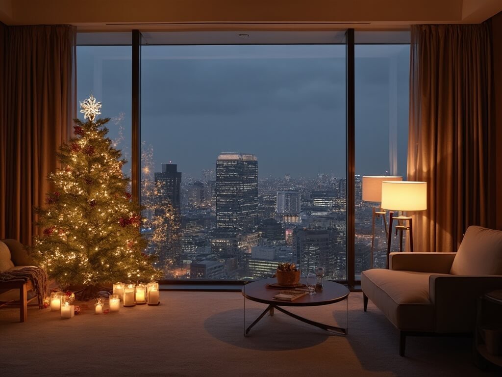 Minimalist hotel room at Park Hyatt Tokyo with Christmas arrangement, floor-to-ceiling windows showing city skyline, and soft ambient lighting for a romantic mood