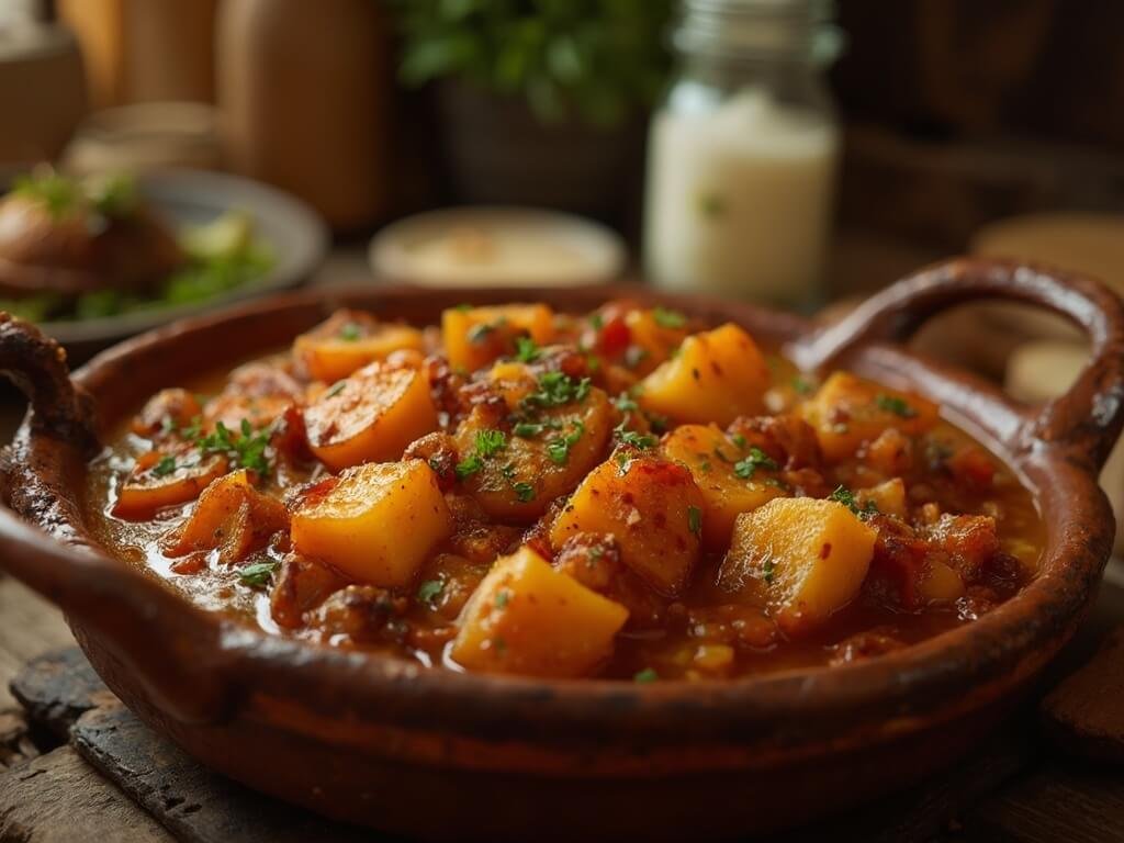 Close-up of Patatas a la riojana in rustic ceramic dish, displaying vibrant ingredients in soft light, set against traditional Spanish kitchen