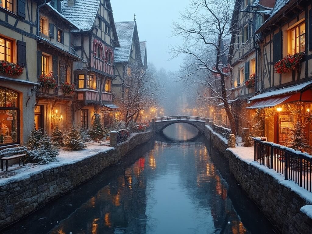 Colorful half-timbered houses in Petite Venise district reflected in a canal with Christmas decorations and snow dusted rooftops, illuminated by magical winter evening light