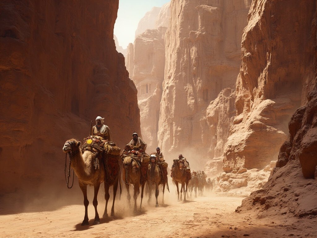 A trade caravan with camels loaded with ornate cargo, merchants in traditional Nabataean clothing navigating the narrow, towering canyon passages of Petra, framed by imposing rock walls of the ancient trade route.