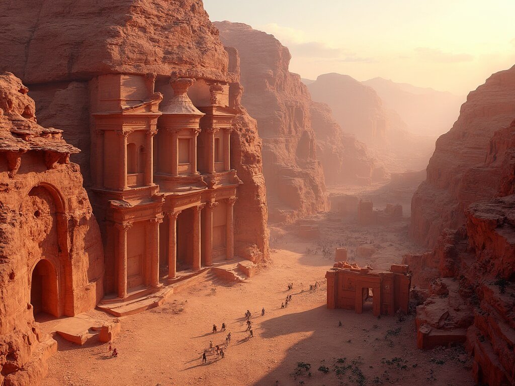 Golden hour view of Petra's rose-colored Royal Tombs against canyon landscape