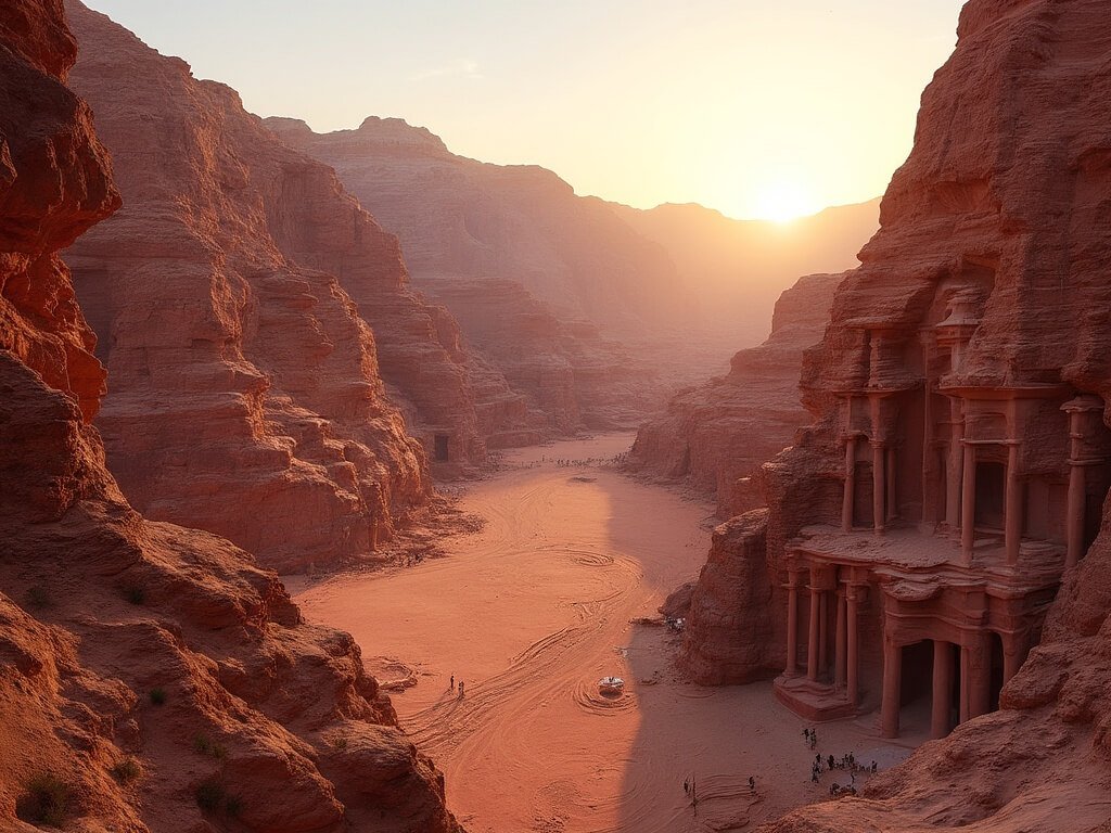 Golden hour view of rose-colored sandstone cliffs of Petra with rock-carved facades and rugged terrain