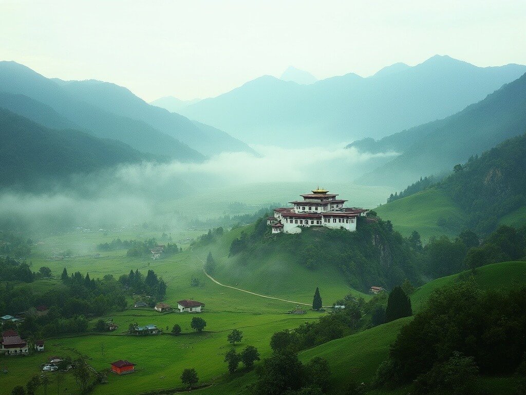 Atmospheric view of Phobjikha Valley with Gangtey Monastery among green hills, Bhutanese farmhouses in foreground, mist over grasslands, and distant mountains