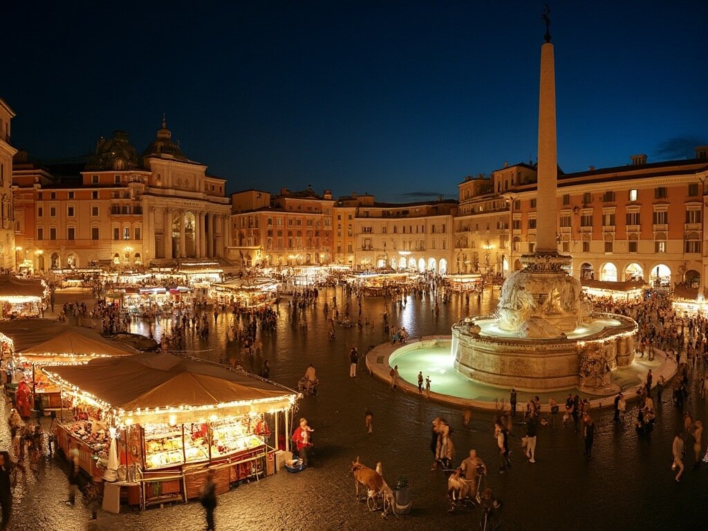 Panoramic night view of Piazza Navona's Baroque fountains with Christmas lights, glowing market stalls, and historical buildings