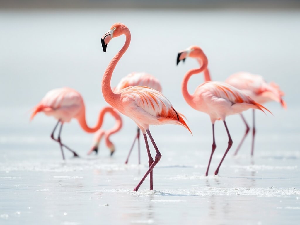 Close-up of pink flamingos in shallow salt water, casting shadows in morning light against white salt surface