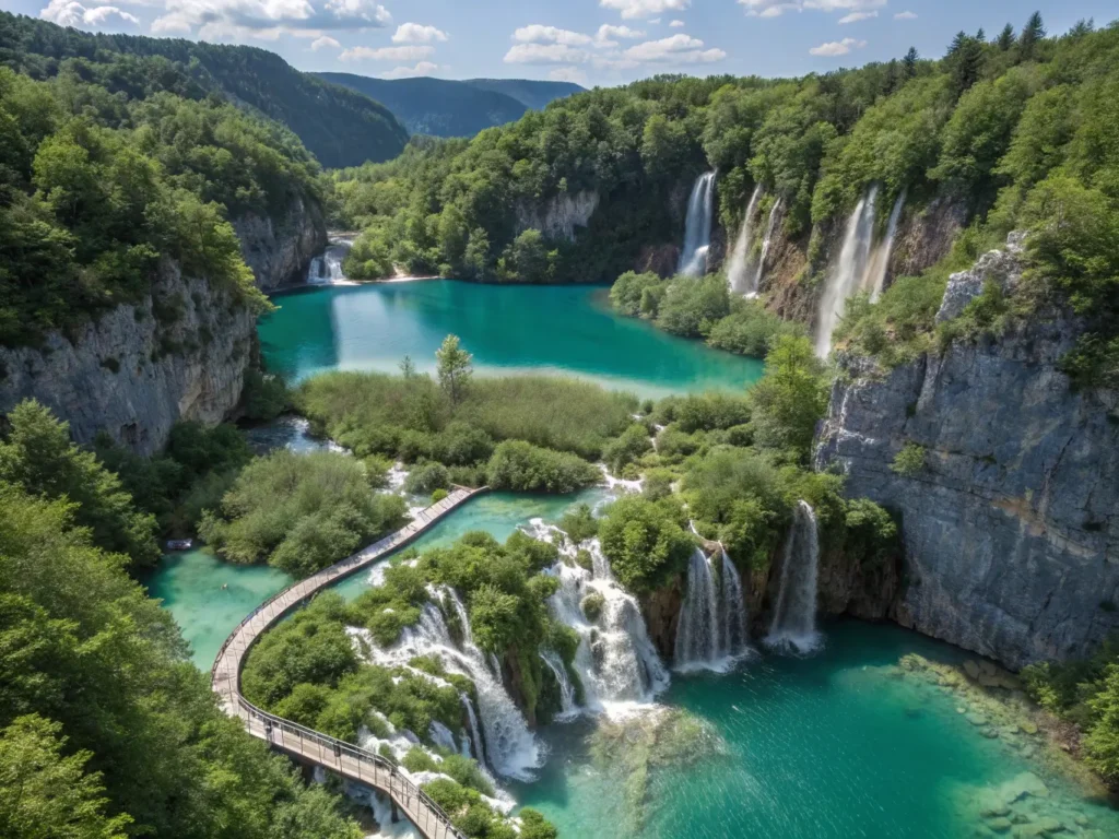 "Aerial view of Plitvice Lakes National Park in Croatia with cascading turquoise lakes, foaming waterfalls, layered travertine terraces, wooden boardwalks, surrounded by dense forest, and 78-meter Veliki Slap waterfall, a UNESCO World Heritage Site landscape"