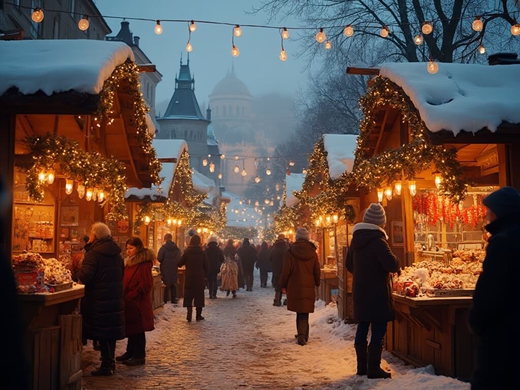 Christmas market in Prague at dusk with wooden stalls, twinkling lights, people browsing crafts, and Czech architecture in background