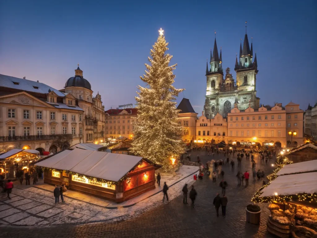 "Prague's Old Town Square at Christmas night with illuminated tree, traditional market stalls, Gothic Church of Our Lady before Týn, and baroque architecture under snowy twilight"