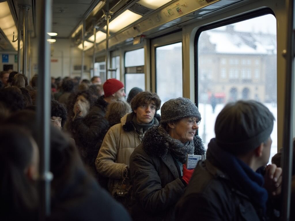 Crowded public transit tram in winter Prague, with locals and travelers in warm clothing, holding transit passes, and snow-covered streets and baroque buildings seen through fogged windows.