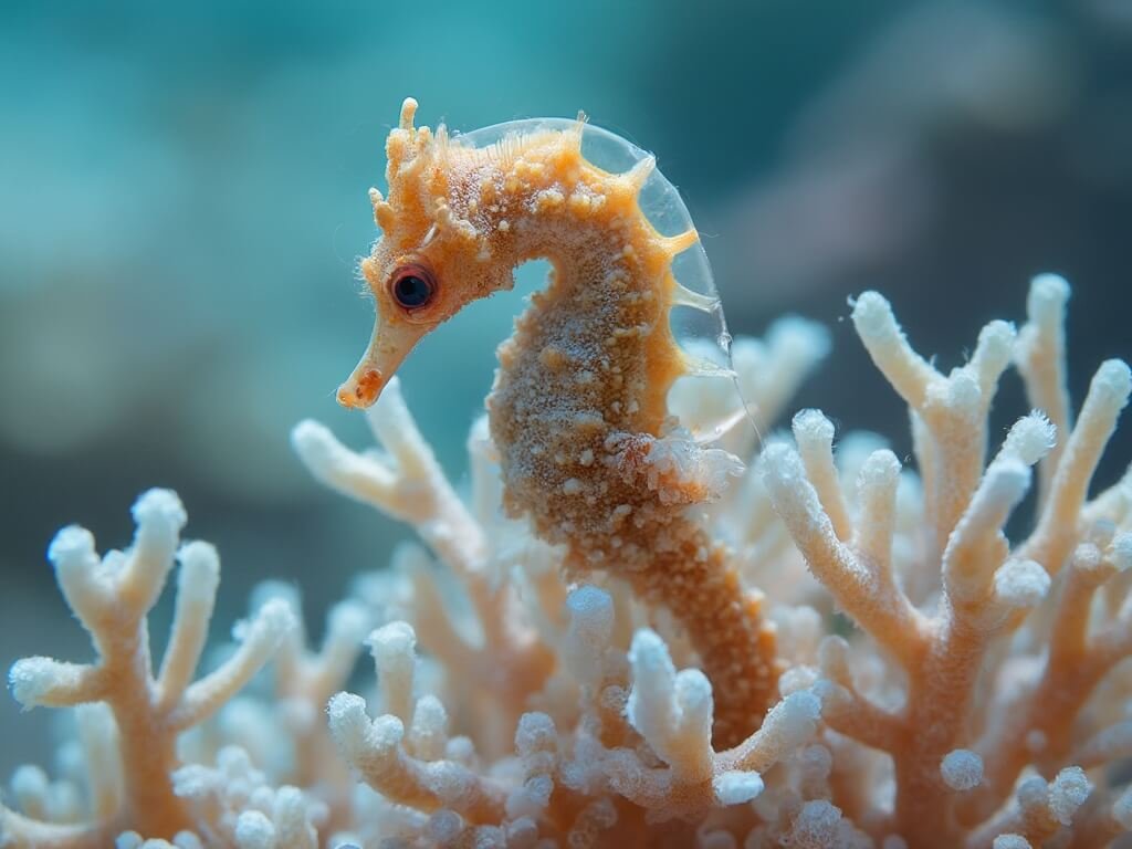 Tiny pygmy seahorse camouflaged among coral branches in an underwater macro photograph with soft pastel colors and clear water background