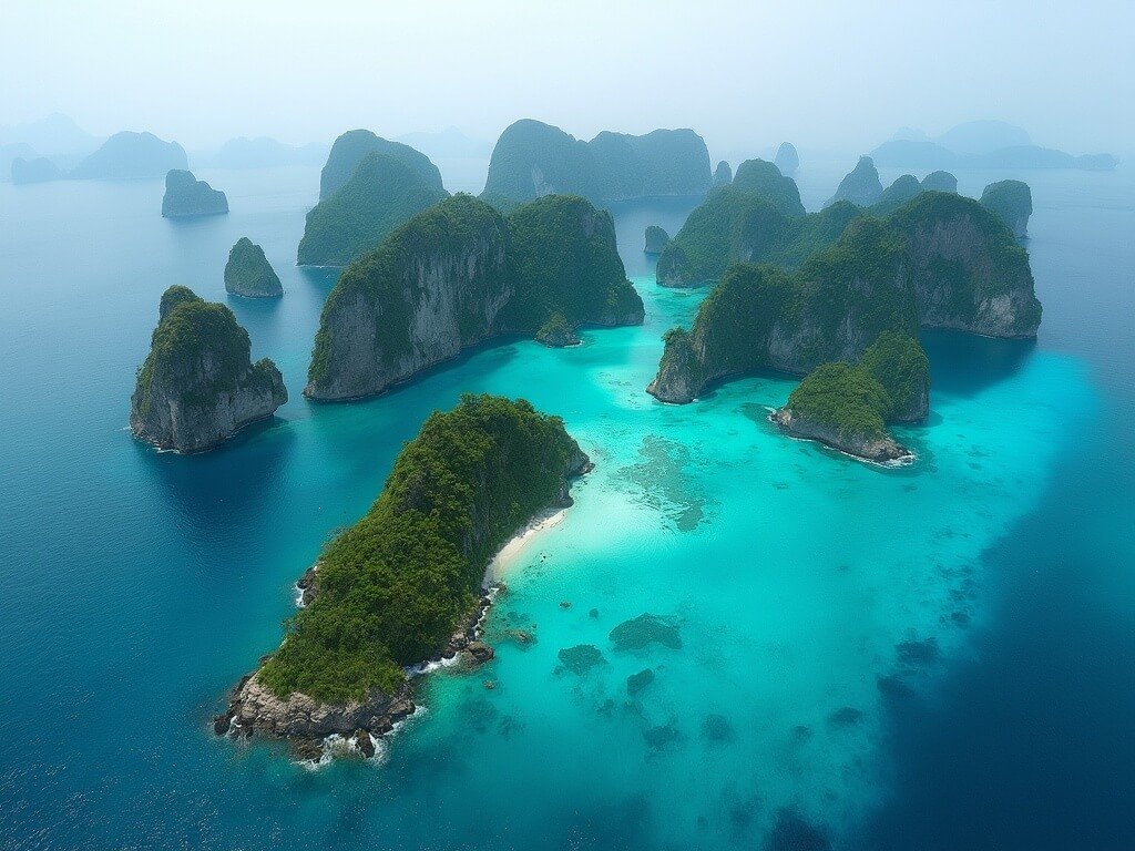 Aerial view of Raja Ampat's archipelago with limestone islands, turquoise waters, lush greenery, and dramatic rock formations in morning light with no human activity
