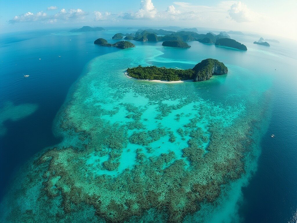 Aerial view of vibrant coral reef ecosystem in Raja Ampat with various marine life, turquoise waters, limestone islands in the background, under early morning golden light