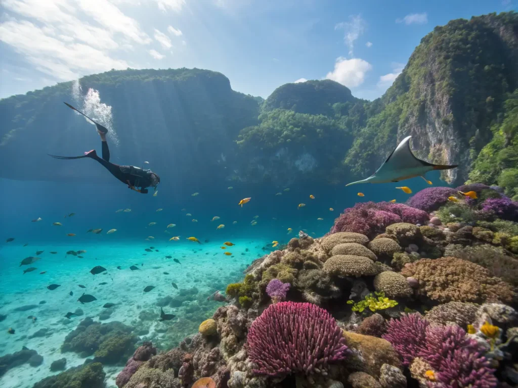 "Snorkeler exploring vibrant coral reef teeming with colorful fish and a gliding manta ray in Raja Ampat's clear turquoise waters, under golden sunlight rays, with distinctive mushroom-shaped limestone islands of Wayag visible above water."