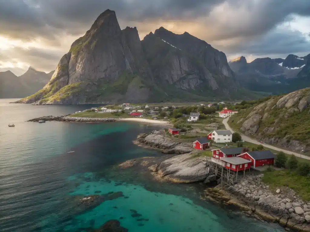 "Aerial view of Reine fishing village in Lofoten Islands, Norway with red rorbu cabins, turquoise harbor, jagged mountains, stormy clouds, moored fishing boats, white sandy beaches, E10 highway and dramatic sunlight through clouds"