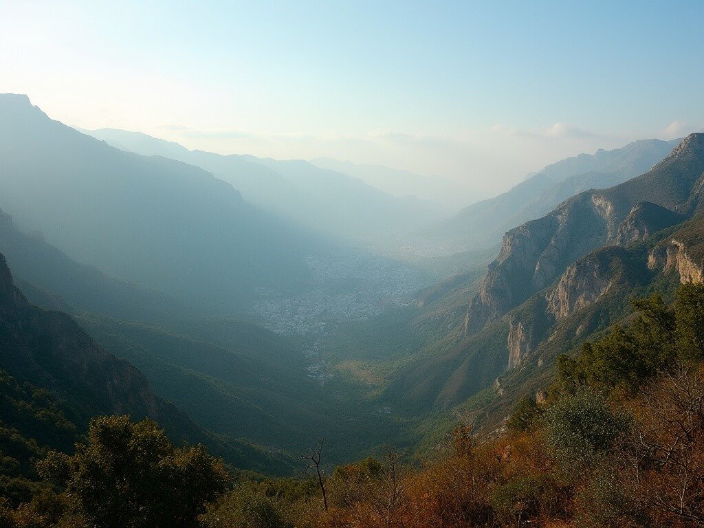 Early morning mist over the Rif Mountains with the blue-painted city of Chefchaouen nestled in the valley, blanketed by soft golden sunlight.