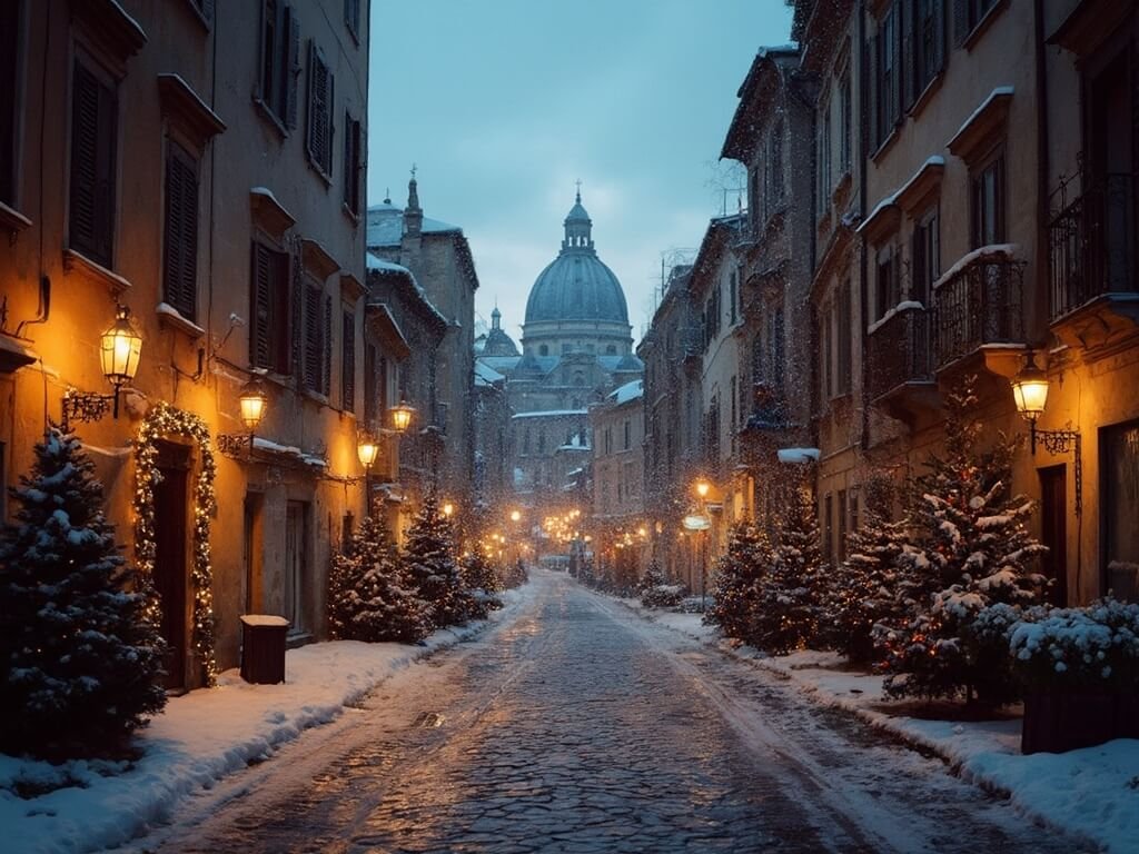 Panoramic evening view of Rome during Christmas with cobblestone streets, warm streetlights, distant church spires, and glowing holiday decorations