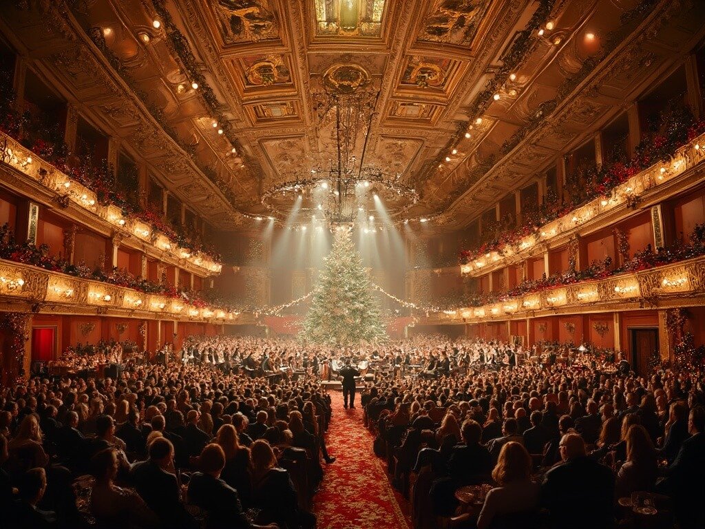 Panoramic view of Royal Albert Hall's grand interior during a Christmas concert featuring musicians on stage, ornate golden architecture, festive audience, and warm stage lighting