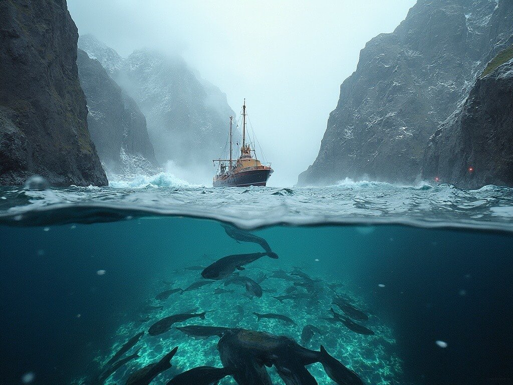 Modern salmon farming operation in a fjord, featuring underwater technology and nets, surrounded by steep volcanic cliffs and turbulent North Atlantic waters