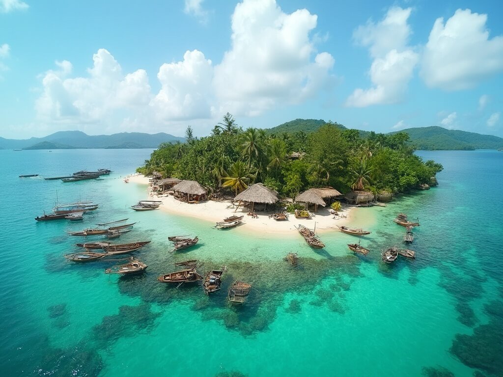 Panoramic view of San Blas island with wooden boats, thatched houses, local Guna families working, surrounded by turquoise Caribbean seas and tropical greenery