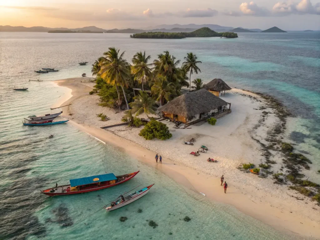 "Aerial view of San Blas Islands, Panama with Guna thatched-roof cabanas, wooden boats, Guna people in traditional clothing on white sand beach, coral reefs visible in clear turquoise waters, and several untouched islands in the background"