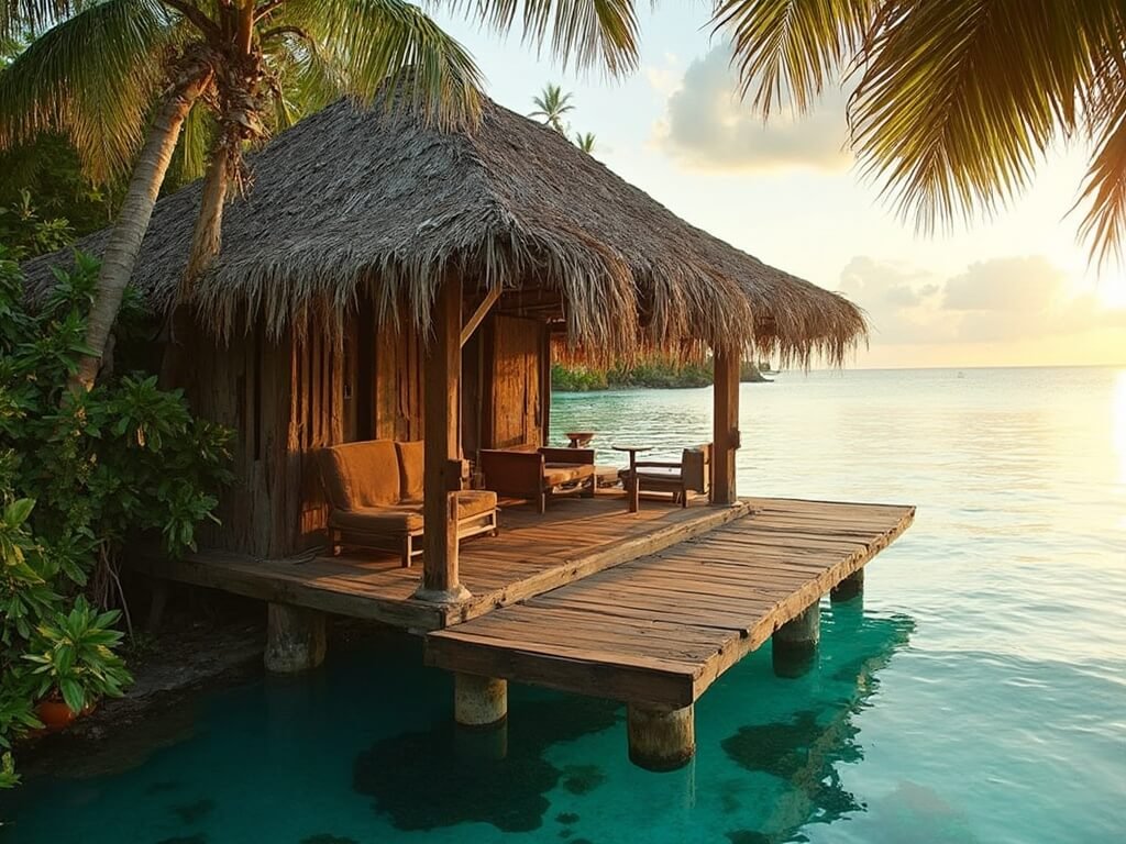 Rustic wooden cabana on stilts over turquoise waters at sunset in the untouched nature of San Blas Islands