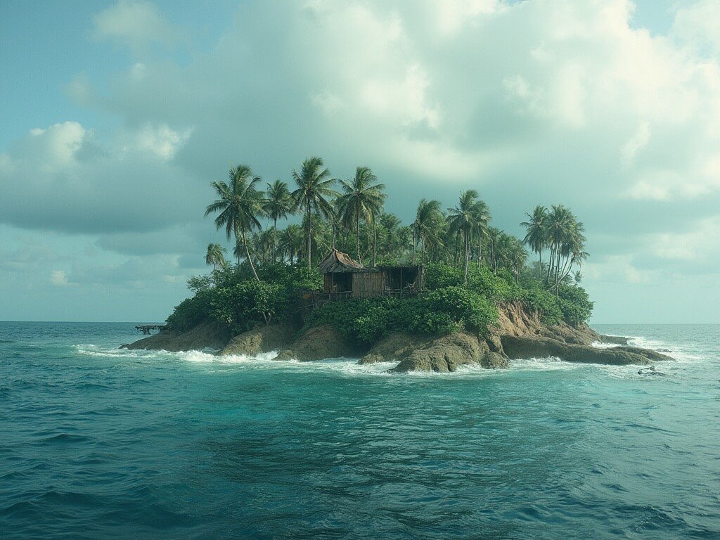 Rising sea levels threatening San Blas island, submerging palm trees and traditional structures, demonstrating climate change impact on indigenous community