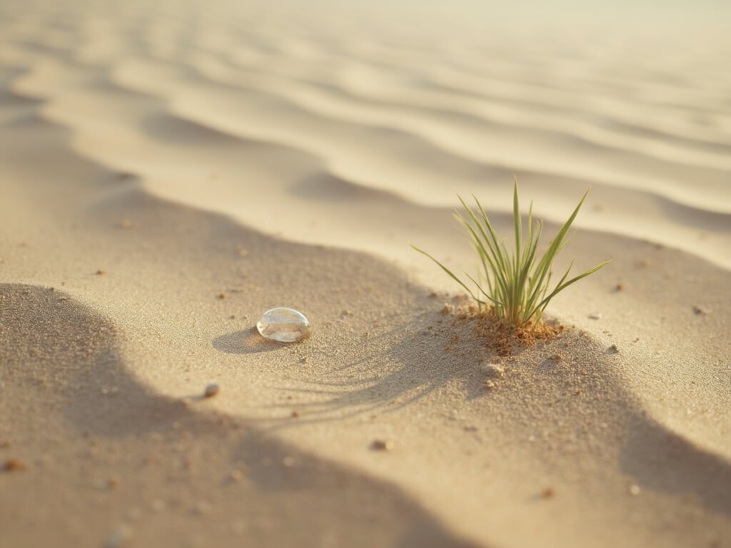 Close-up view of textured sand dunes with a small resilient plant or water droplet, highlighting the delicate ecosystem and survival strategies