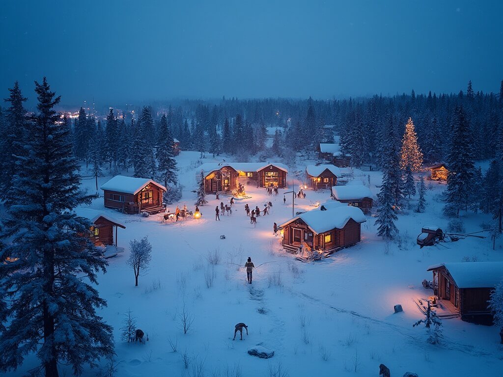 Drone view of snow-covered Santa Claus Village in Rovaniemi at twilight with twinkling lights, wooden cabins, reindeer silhouettes, and ethereal blue atmosphere