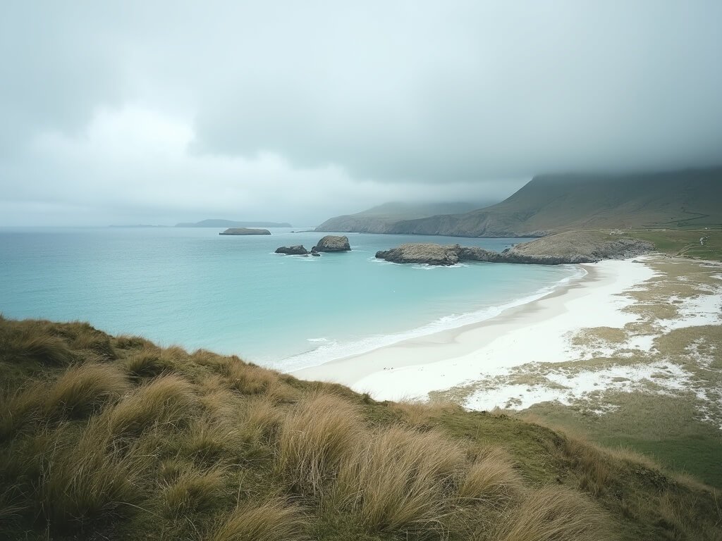 Scottish island landscape with pristine white sand beach, Caribbean-blue waters, rocky outcrops, windswept machair grasslands and atmospheric clouds