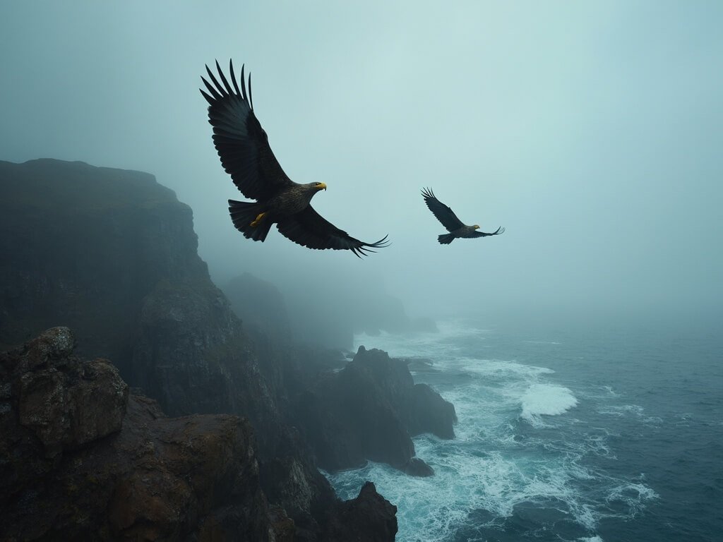 Sea eagles soaring over a rocky Scottish coastline, showcasing their expansive wingspan against a misty and dramatic sky