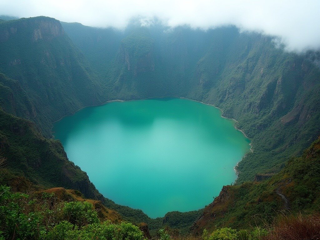 High-resolution image of Sete Cidades crater lakes with vivid blue and green waters surrounded by lush volcanic terrain under soft morning light, depicting a serene, untouched natural landscape