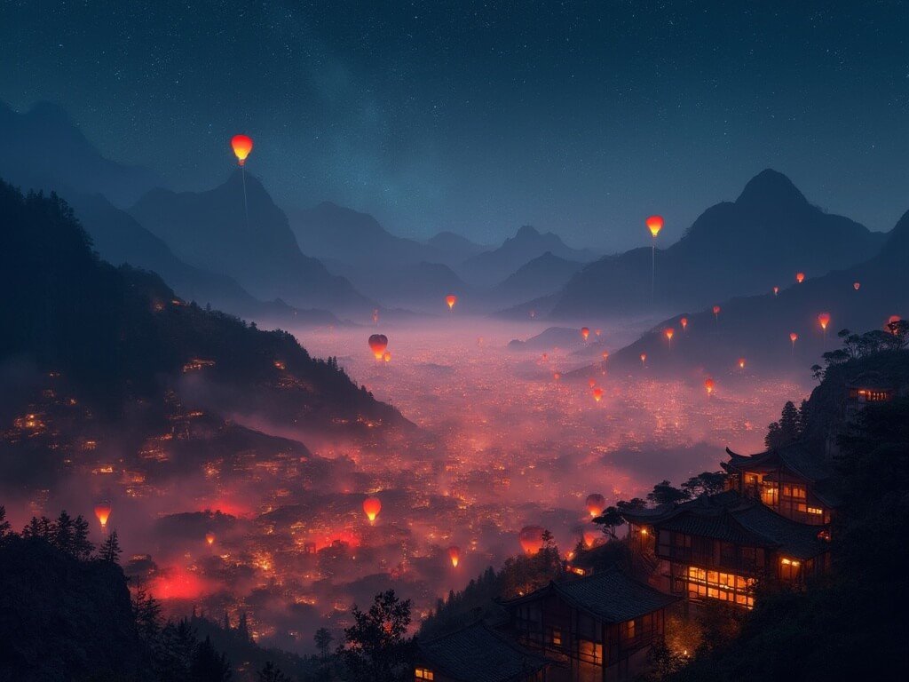 Illuminated lanterns rising into starry night sky over Shifen Village with mountain silhouettes in background