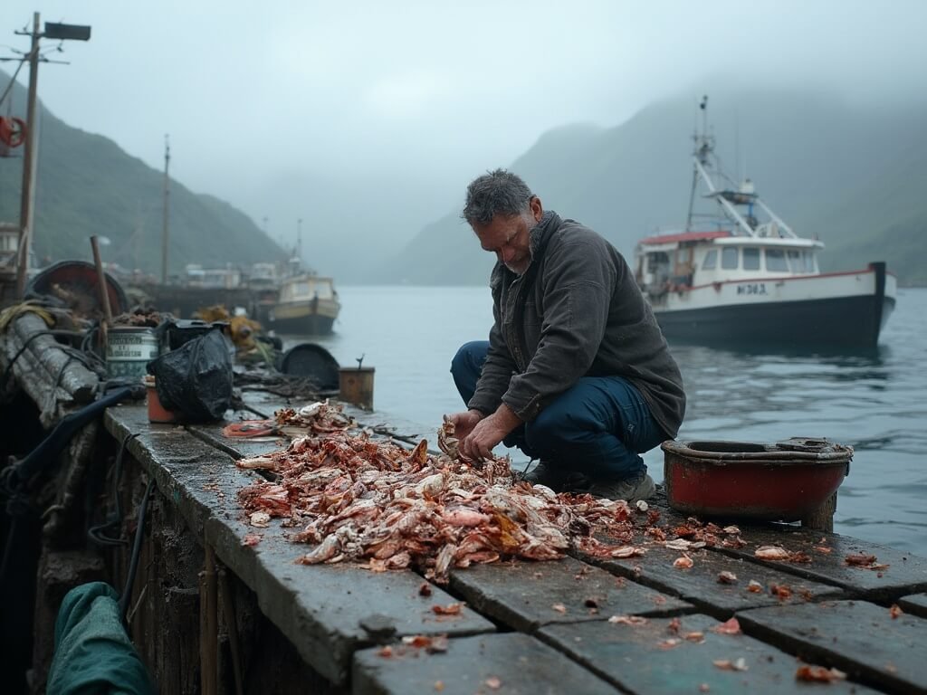 Isle of Skye fisherman preparing fresh seafood on weathered dock, with misty mountains and traditional boats in background