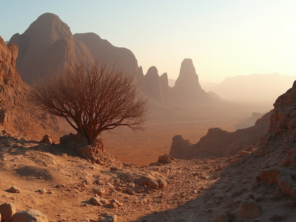 Panoramic view of Dragon Blood Trees on Socotra Island's alien-like rocky terrain during golden hour