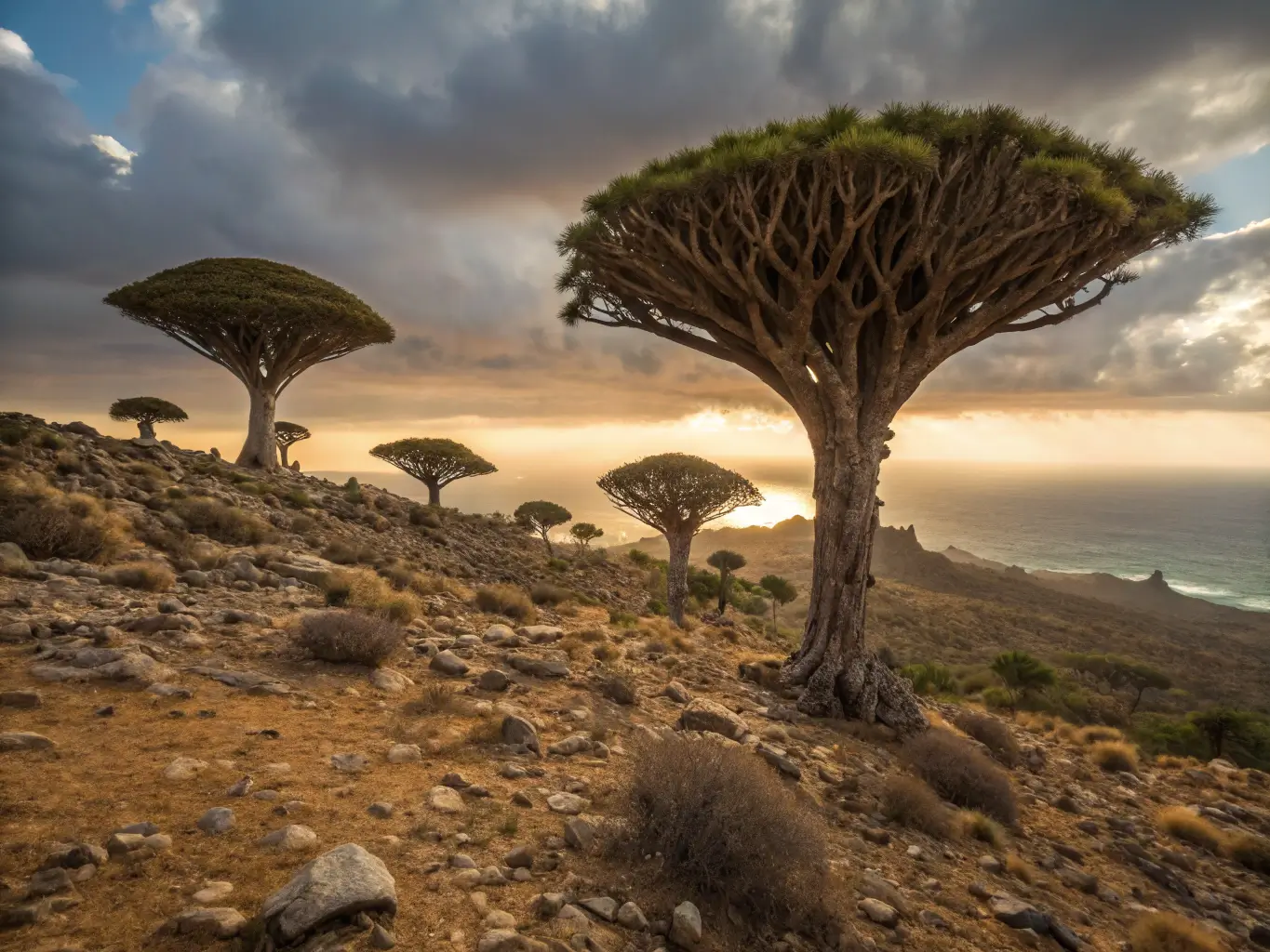 Panoramic view of Dragon Blood Trees on Socotra Island's alien-like rocky terrain during golden hour