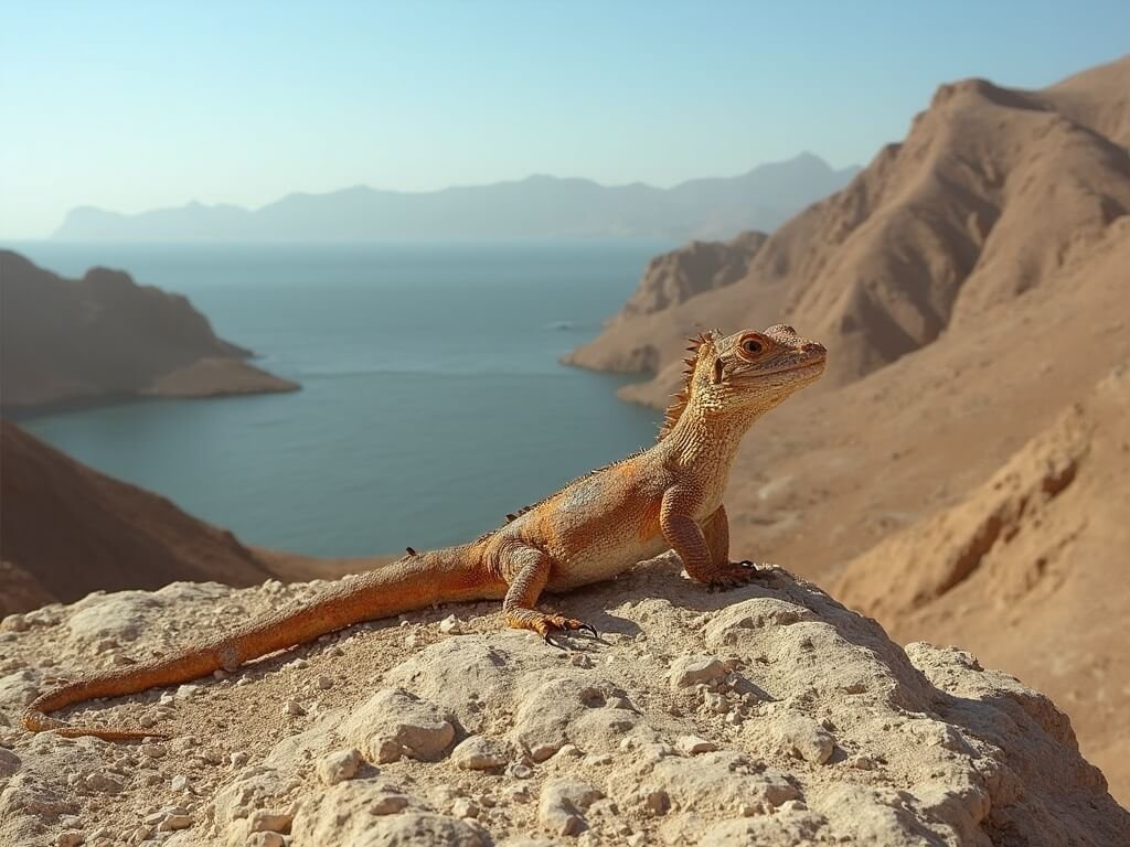 Endemic reptile species of Socotra on a rocky outcrop with distinctive geological formations and unique biodiversity in the background, under natural lighting