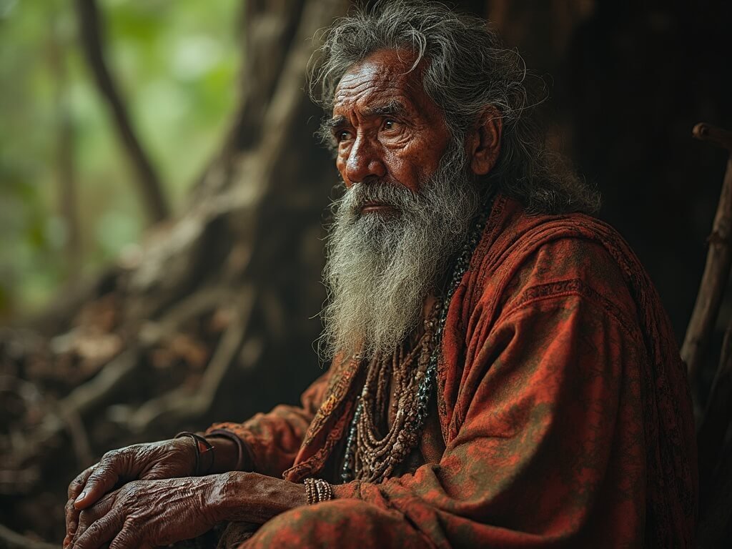 Elderly Soqotri man in traditional attire, sitting pensively in a natural setting showcasing his weathered hands, representing the profound link between indigenous people and their ecosystem.