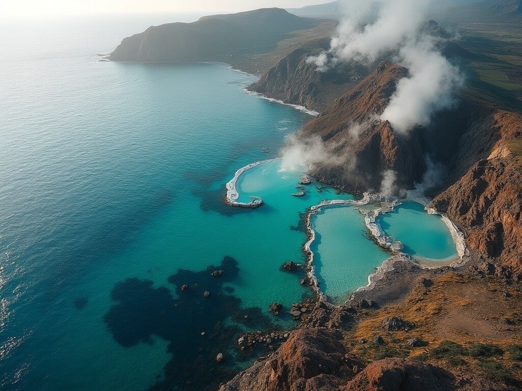 Aerial view of Sorgeto Bay's natural thermal pools against volcanic coastline with steaming waters merging with turquoise sea in early morning light